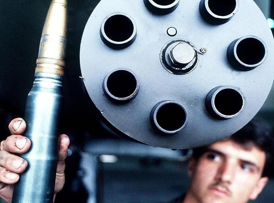 A 30mm cartridge from the GAU-8/A Avenger, the cannon mounted on the A-10 Thunderbolt II.  Each cartridge is 11.4 inches (290 mm) long and weighs 1.53 pounds (0.69 kg).