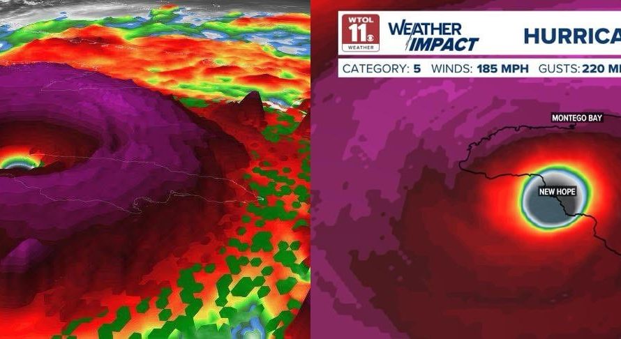 A 3D satellite depiction (L) and an overhead satellite image of Hurricane Melissa as it made landfall over Jamaica. No hurricane in the Atlantic Basin has ever been stronger at landfall in recorded history. (Credit: Mike Bettes & Chris Vickers)