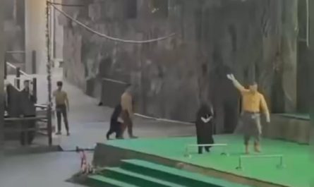 A bear, exhausfrom abuse, attacks its trainer.