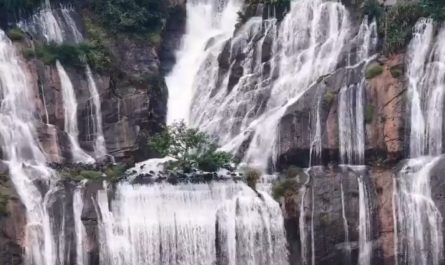 A beautiful layered waterfall at Tiantai Mountain, China.