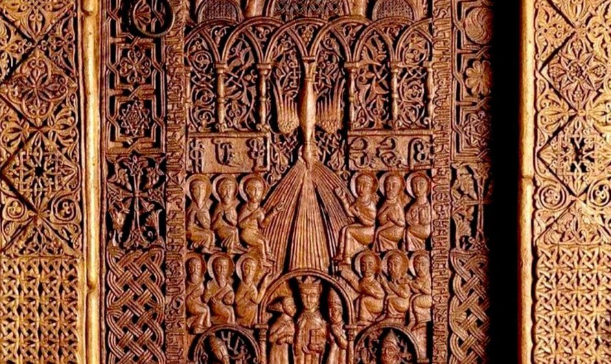 A carved walnut door from 1486