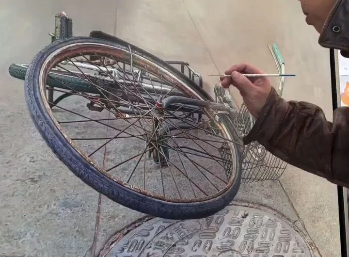 A hyper-realistic oil painting of a rusted bicycle by Pan Xun