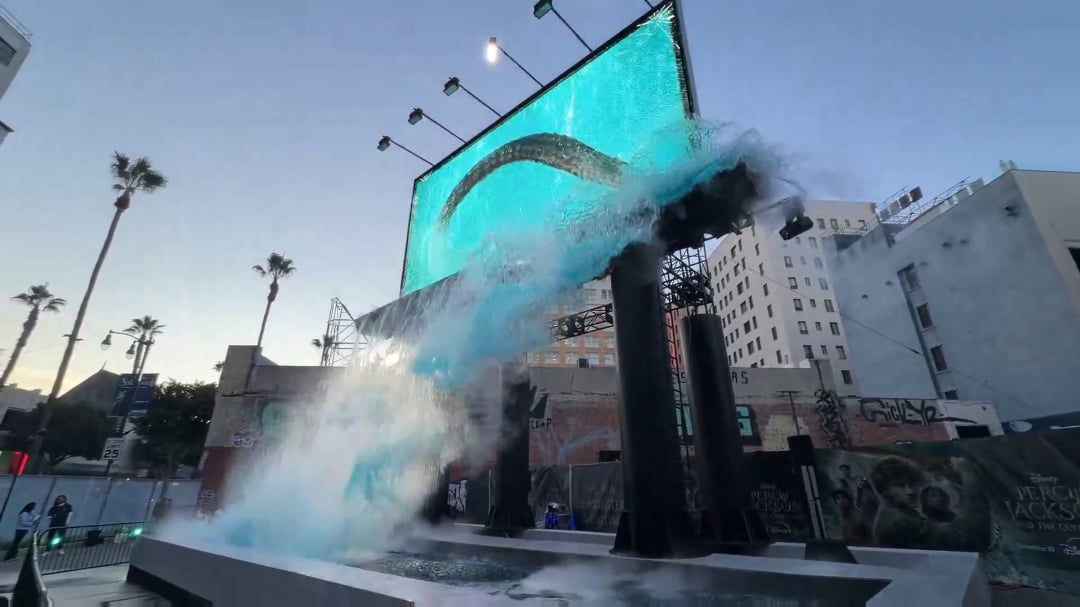 A new ‘PERCY JACKSON’ billboard includes a physical waterfall effect