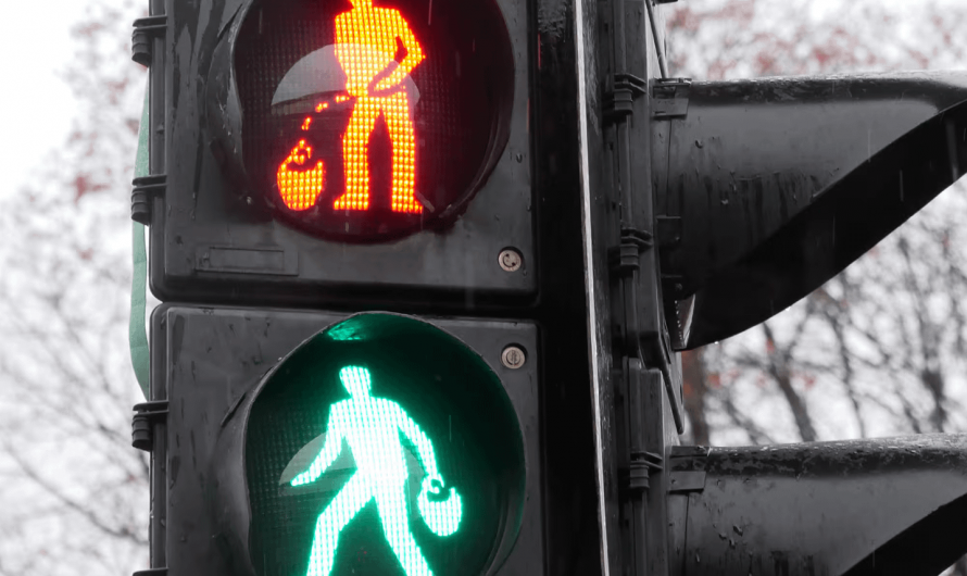 A pedestrian traffic light in Tilburg, the Netherlands. People from Tilburg are known as ‘Kruikezeikers’ (‘jug pissers’) for their historical practice of collecting urine used in textile production.