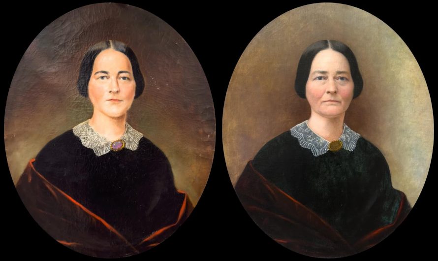 A restoration of a painting, by removing an old poorly done over-painting by 
Baumgartner Restoration, reveals the original portrait’s face, the expression in the eyes and age.