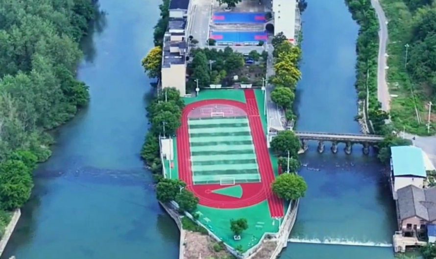 A school built on an island in a river in Duyun, Guizhou, China
