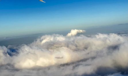 Airplane shadow on clouds surrounded by a halo