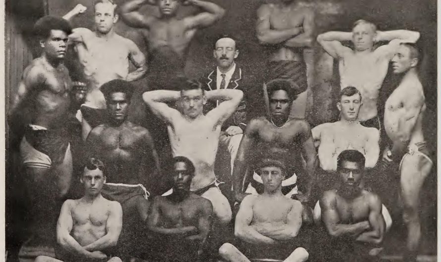 Amateur bodybuilders from Fiji, pose with their instructor, circa 1910s. From the Eugen Sandow book, Life is movement.
