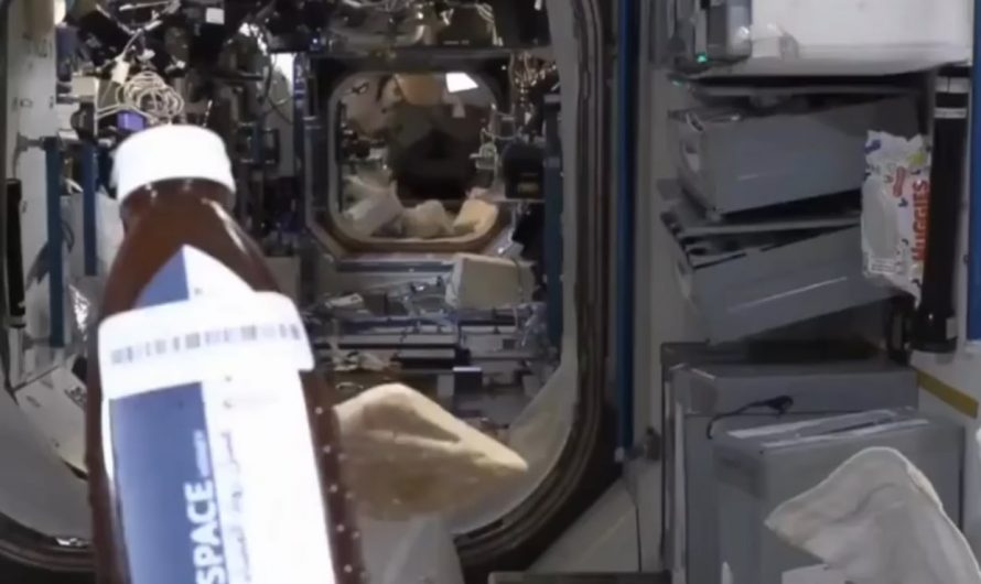 Astronaut eating bread and honey in space