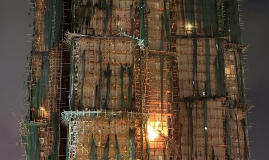 Bamboo scaffolding retaining its structural integrity while fire ravaged through green netting in Hong Kong incident