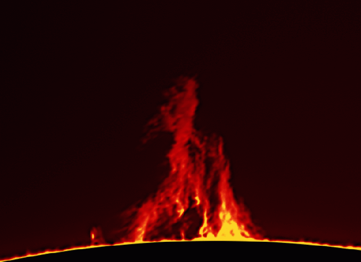 “Bonfire” of hydrogen on the sun. A solar prominence. Loop of gas in the sun magnetic field.
