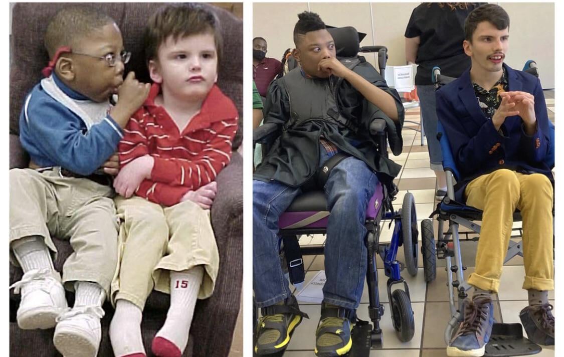 Doctors said they had a 2% chance of survival, would never walk and would likely be in a vegetative state if they made it past 7years. Today, both friends walked across the graduation stage. First photo is their first day of school, second is graduation.Never stop believing.