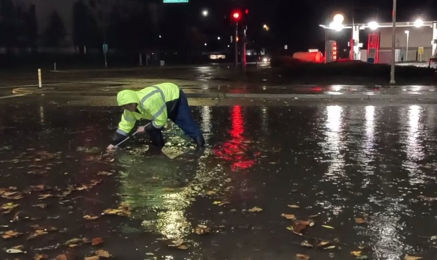 Floodwaters receding as the storm drain gets unclogged.
