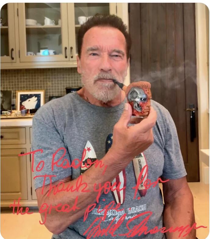 I carved and gifted the 'Terminator pipe' to Arnold for his birthday and he sent me a photo.