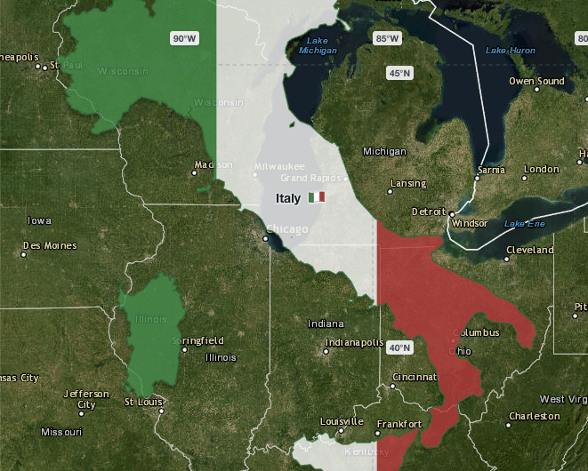 If you move Italy over the U.S. at its exact parallel, Rome is farther north than NYC and almost exactly where Chicago is | TrueSize.net