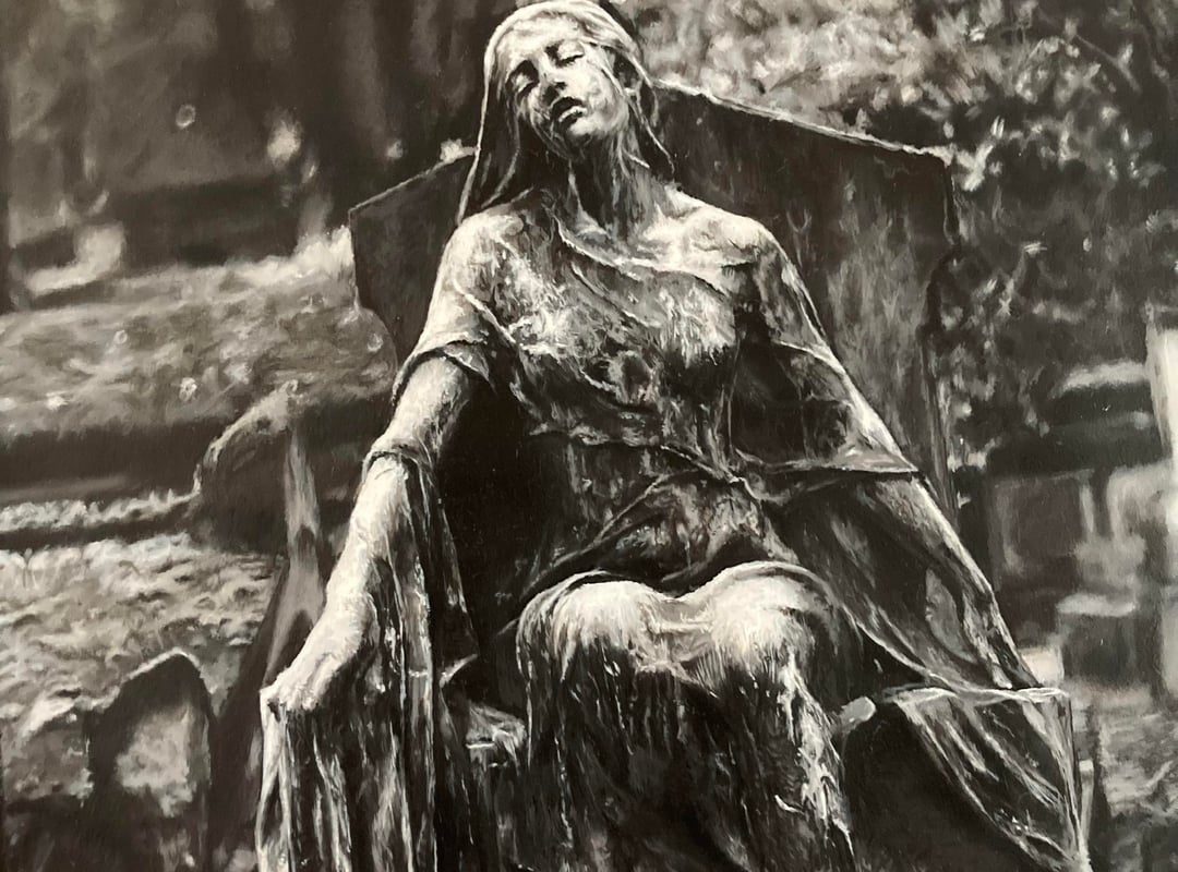 Painting I made of the Montmartre statue with white acrylic on black paper (I used a bit of gray).