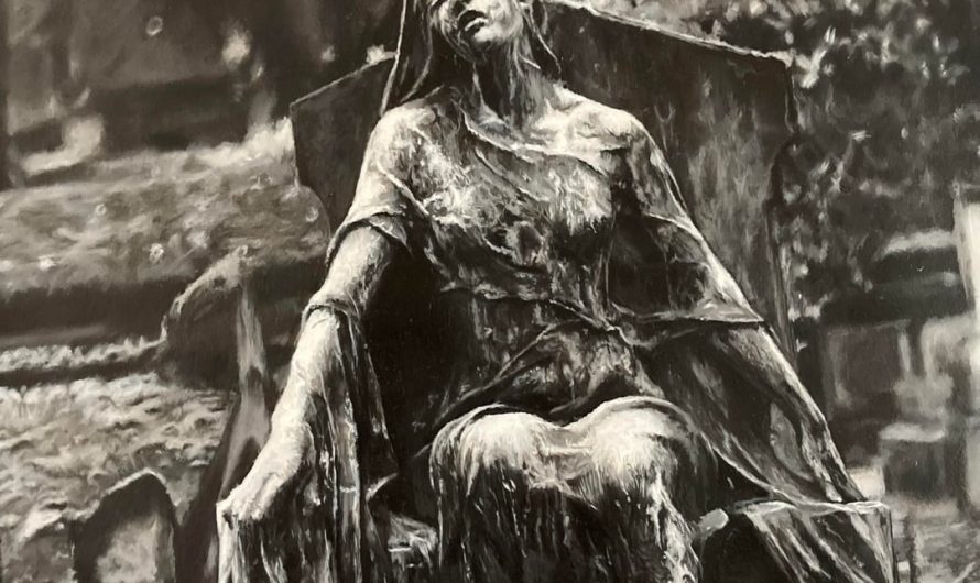 Painting I made of the Montmartre statue with white acrylic on black paper (I used a bit of gray).