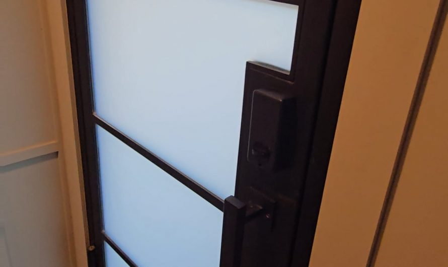 Polymer dispersed liquid crystal glass door goes from frosted when powered off to clear when powered on.