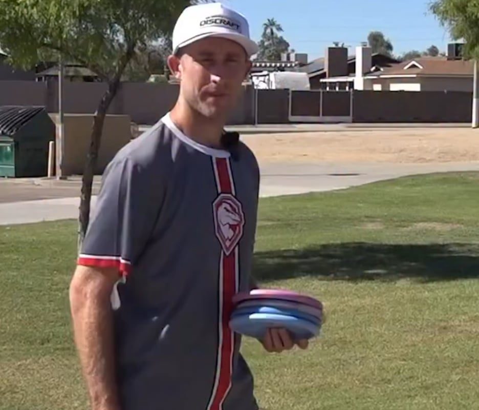 Pro Disc Golfer Ricky Wysocki casually throwing in twice while showing his new discs