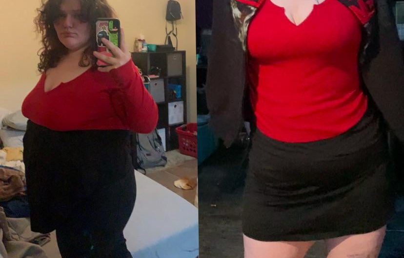 Same shirt after losing 150 pounds! Got it as a goal shirt😊as you can see it didnt fit AT ALL😭 I wrapped a sweater around me😂 SO HAPPY I TOOK BEFORE PICTURES  (I hope this is allowed 😊)
