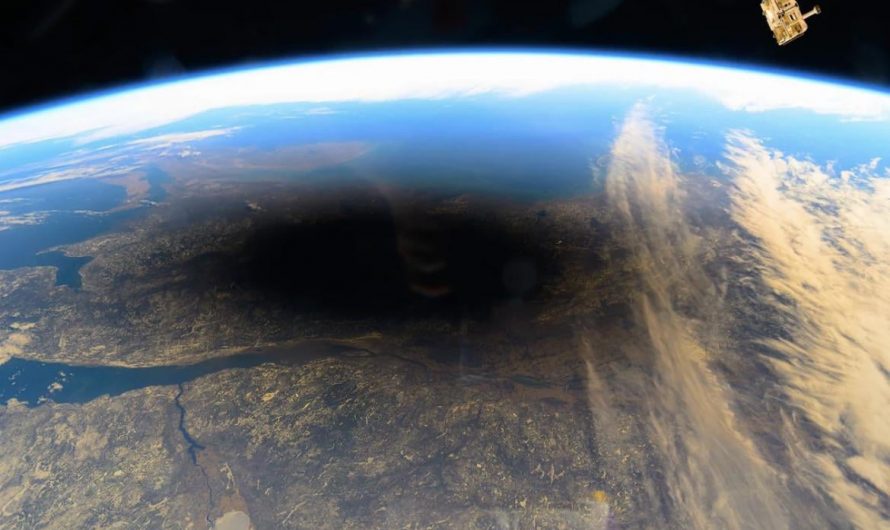 Shadow of the moon as seen from the ISS during the total solar eclipse in 2024