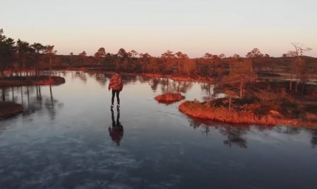 Skating on freshly frozen bog ice trail