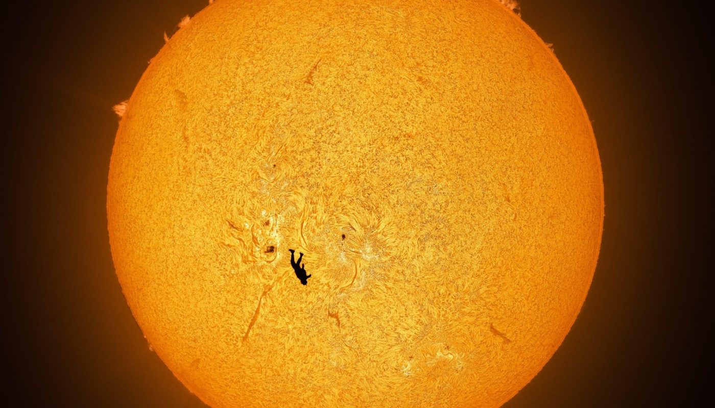 Skydiver in front of Sun. Astrophotographer Andrew McCarthy spent months of preparation and six attempts getting this shot.