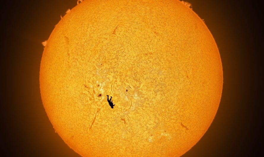 Skydiver in front of Sun. Astrophotographer Andrew McCarthy spent months of preparation and six attempts getting this shot.