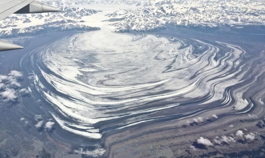 The Malaspina Glacier in Alaska presents a particularly unusual shape.