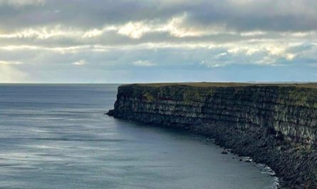 The sea and the cliff create a straight line in the center of the photo