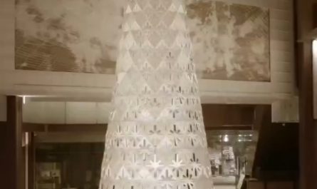 This 7.5m tall Christmas tree designed by Nendo uses a shimmering effect obtained with polyhedral cut-out pieces and was created by rocking them with 416 compact fans orchestrated by a computer program.