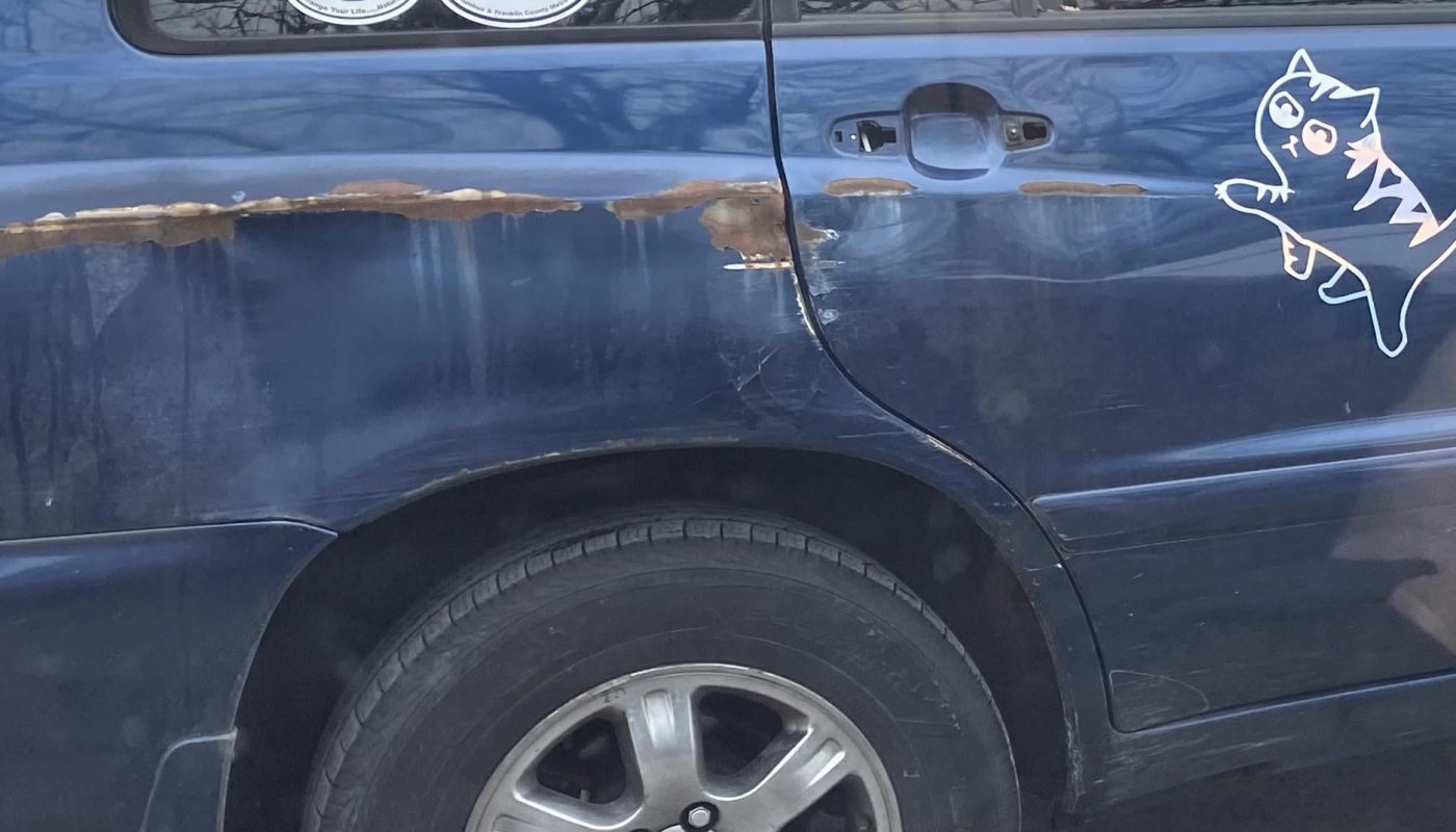 This car has a huge scratch, so the owner added an angry cat sticker.