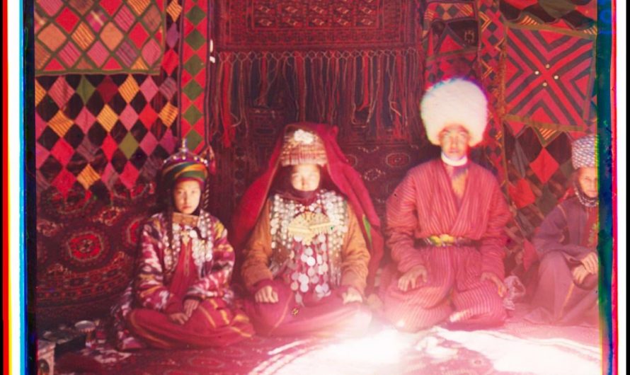 Triple glass negative color separation shot of 3 people inside a tent in what today is Uzbekistan, 1905. So crisp.