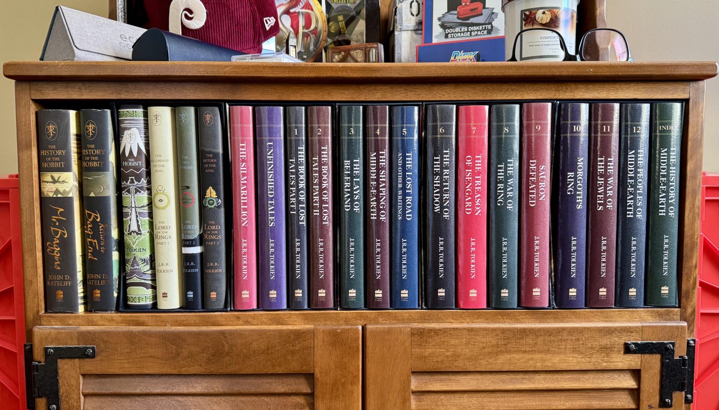 While rearranging, I’ve discovered that all of my Tolkien books fit perfectly in the cubby of my record cabinet