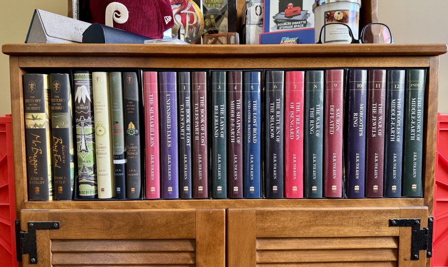 While rearranging, I’ve discovered that all of my Tolkien books fit perfectly in the cubby of my record cabinet