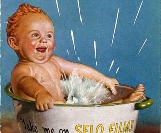 While researching British advertising, my grandma looks over my shoulder and says “Where did you find that?!” Then proceeds to fish out the original photo that her father took of her in 1940 (second pic here). Ilford Films bought the negative from him and used the image for an advertising campaign.