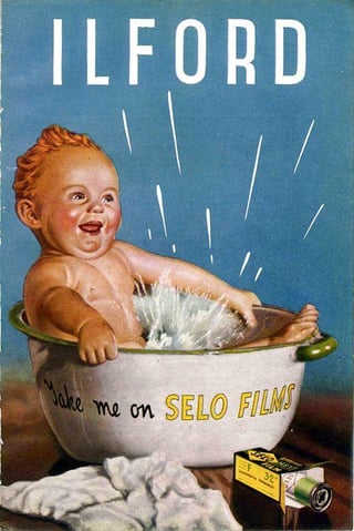 While researching British advertising, my grandma looks over my shoulder and says “Where did you find that?!” Then proceeds to fish out the original photo that her father took of her in 1940 (second pic here). Ilford Films bought the negative from him and used the image for an advertising campaign.