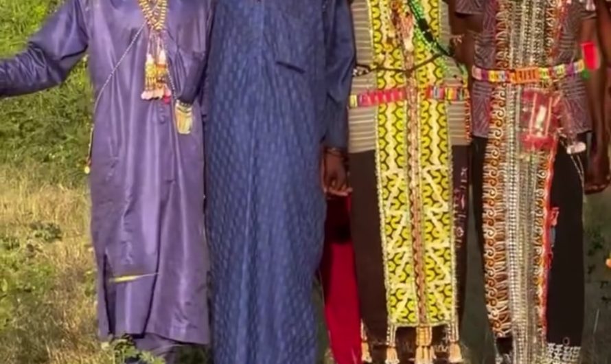 Wodaabe men wearing makeup and elaborate costumes use striking facial expressions, rhythmic chattering and a series of dances in an elaborate, centuries-old courtship ritual at the Gerewol Festival in Chad