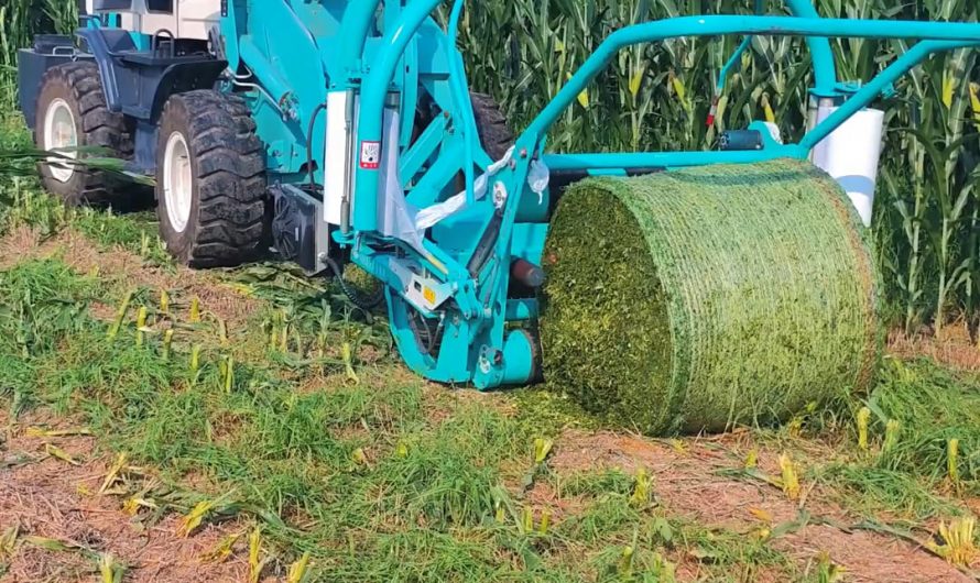 wrapping chopped grass into a big plastic bale