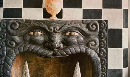 16th-Century Italian Fireplace Mantel with 17th-Century Tiles in Pierre Passebon’s Paris Apartment