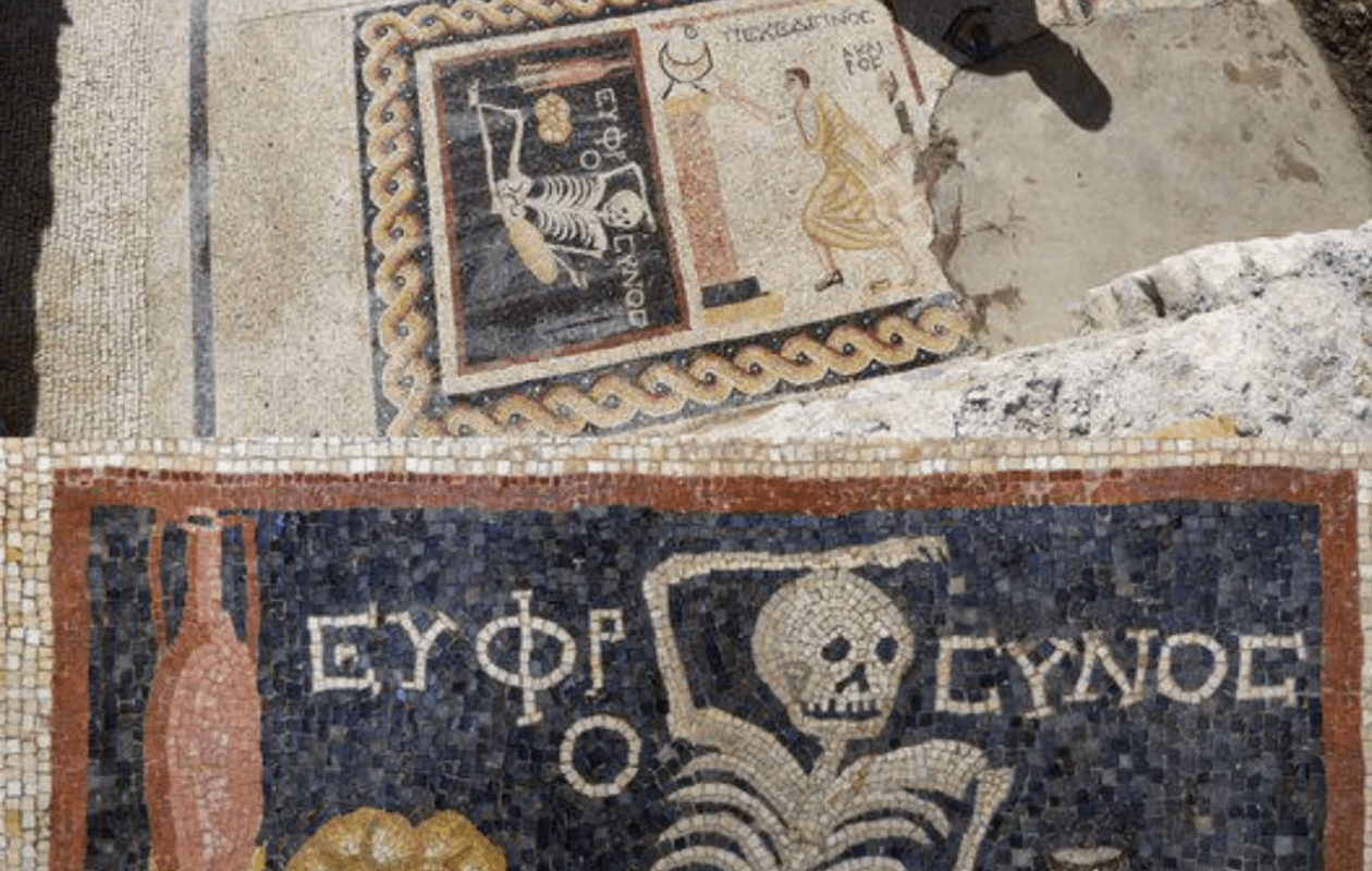 2,400 year-old mosaic featuring a reclining skeleton with a loaf of bread and a wine jug with the caption: “Be cheerful, enjoy your life" discovered in ancient city of Antioch (southern Turkey) -an ancient reminder of mortality & the importance of living life fully