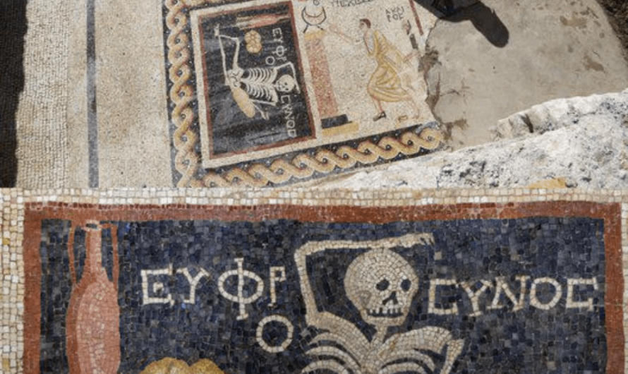 2,400 year-old mosaic featuring a reclining skeleton with a loaf of bread and a wine jug with the caption: “Be cheerful, enjoy your life” discovered in ancient city of Antioch (southern Turkey) -an ancient reminder of mortality & the importance of living life fully