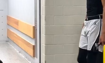 7'4 NBA player, Wemby, casually stepping over a regular-sized crowd barrier.