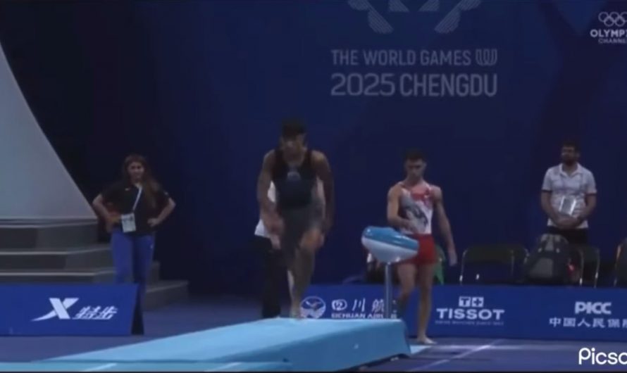 A 21 year-old gymnast from Azerbaijan landed the worlds first full “full” this year at the World Games in Chengdu, China