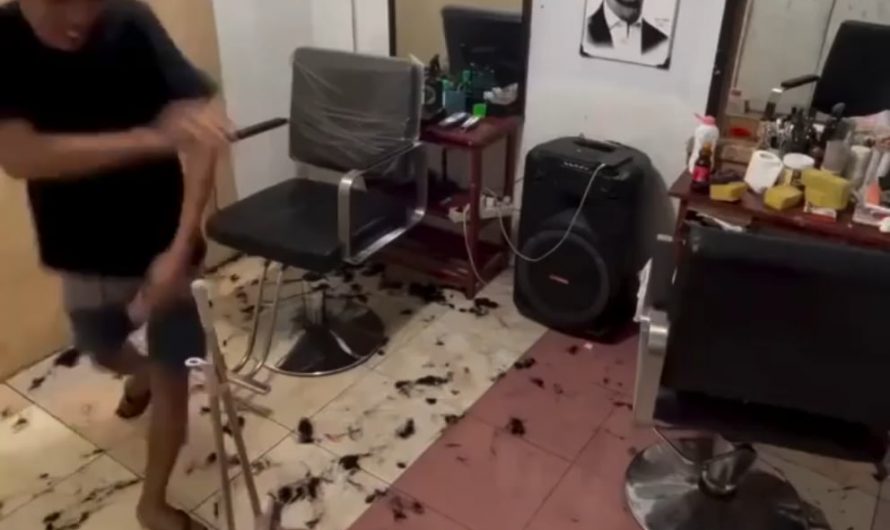 A barber makes portrait out of waste hairs