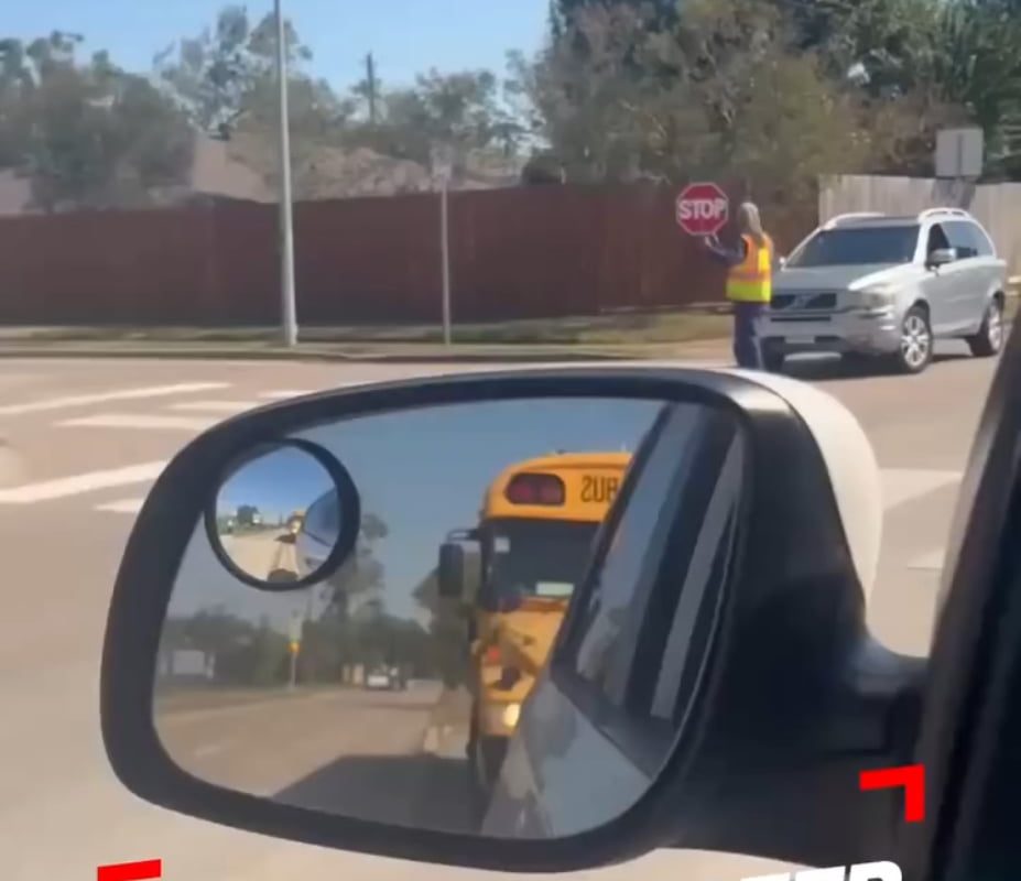 A crossing guard blocks the way of an aggressive driver while children and their parents are crossing the street