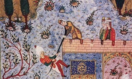 A depiction showing the conquest of the Roman castle of Aydos. According to the legends a Roman girl fell in love with the Turkmen commander Abdurrahman Gazi. She led down her hair, which Abdurrahman Bey used to climb over the walls, conquering the castle for the Ottomans.