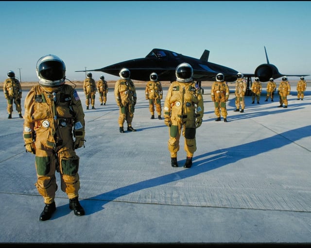 A group of US military SR-71 pilots take a photo OP. They wore modded astronauts suits that protected them as they flew altitudes up to 80,000 feet. It provided fresh oxygen that lacked in that altitude, protection from extreme temperatures as the cockpit can sometimes reach 248°F (120°C) .