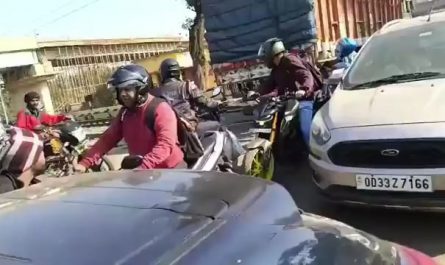 A passenger train in Jharkhand, India hitting a truck stuck in a railway crossing