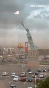 A replica of the Statue of Liberty collapsed over a parking lot after a storm in Brazil
